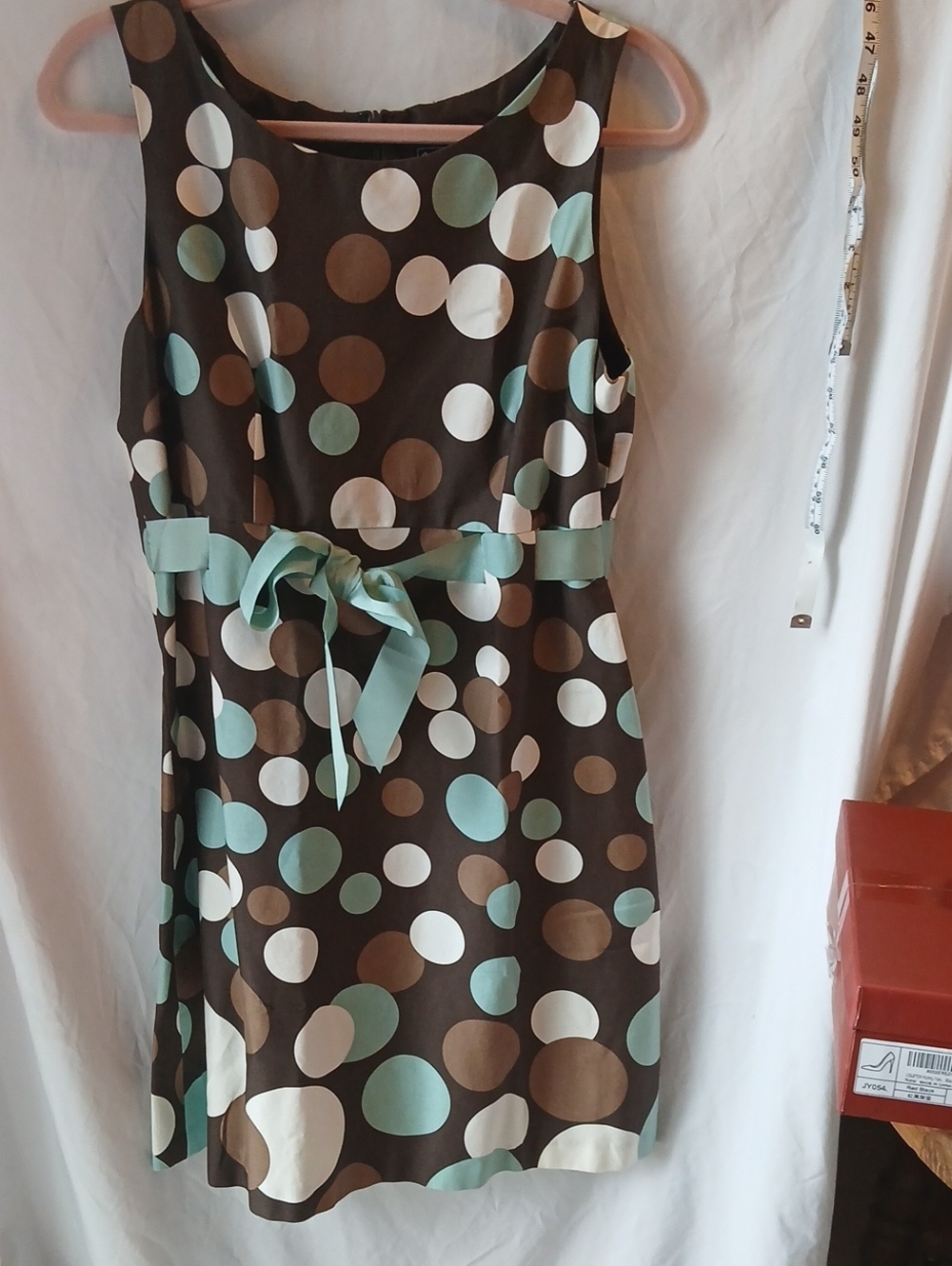 Jessica Howard Brown Polka Dot Sleeveless Dress with Mint Belt